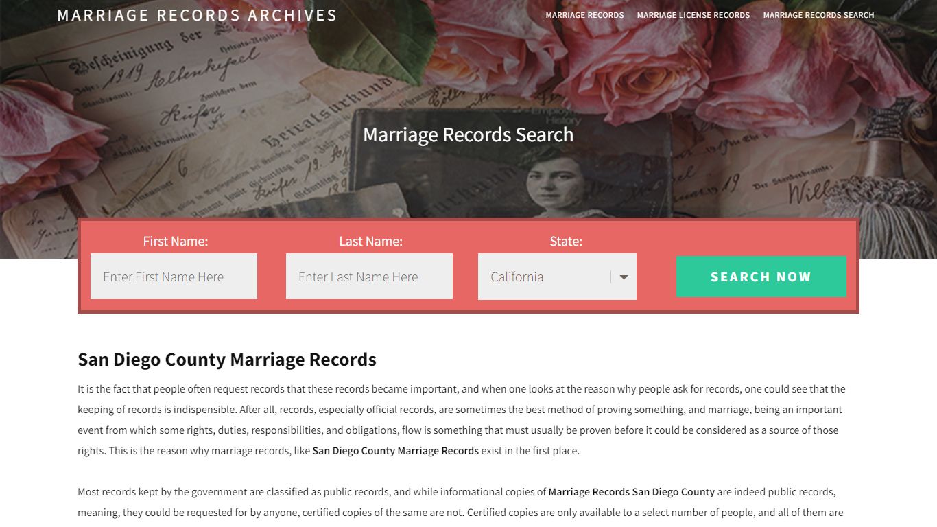 San Diego County Marriage Records | Enter Name and Search